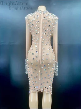 Büyük Rhinestones Çıplak Şeffaf Kısa Elbise Kadın Balo Doğum Günü Kutlama Gala Sahne Elbise Lady Gaga Sahne Konak Örgü Elbise