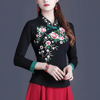 Cheongsam Kadın Artı Boyutu Üstleri Kış Pamuk Blend Nakış Ekleme Standı Yaka Kalınlaşma Çin Tarzı Qipao Gömlek Kadın
