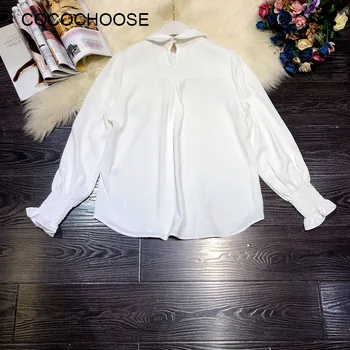 Chic Kadınlar Beyaz Bluz 2022 Bahar Moda Diamonds Boncuk Peter Pan Yaka Bishop Kollu Yay Tiki Tarzı Kadın Ipek Üstleri