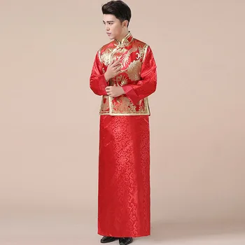 Damat Nakış Saten Cheongsam Mariage Oryantal Costumme Geleneksel Çin Giyim Erkekler İçin Altın Brokar Elbise Tang Takım Elbise