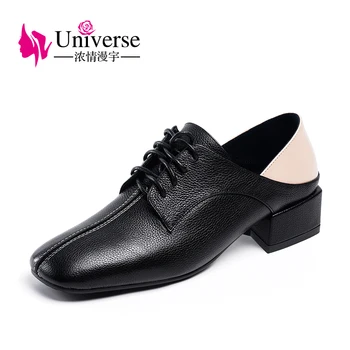 Dantel-up Hakiki Deri Pompaları Kadın Ayakkabı Siyah Kare Topuklu Evren Kalın Topuklu 3.5 cm Med Bayanlar Topuklu Kadın Ayakkabı 2019 J028