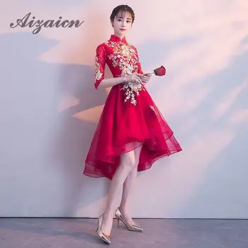 Dantel Yaz Kadın Seksi Çiçekler Cheongsam Kırmızı Çin Vintage Akşam Elbise Çin Gelinlik Modelleri Şarap Qipao düğün elbisesi 2018