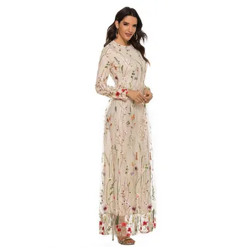 Dantel Çiçek Nakış Kadınlar Uzun Elbise İlkbahar Yaz Moda Orta Doğu Dubai Düğün Parti Tatlı Maxi Elbisesi Müslüman İslam Yeni