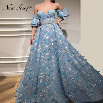 Dubai Mavi Kapalı Omuz Akşam Elbise 2019 Arapça Abiye giyim Custom Made Seksi balo kıyafetleri El Yapımı Çiçekler Parti Elbise