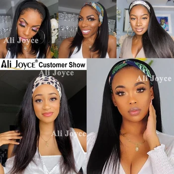 Düz Kafa Bandı Eşarp Peruk Tutkalsız insan saçı peruk Doğal Renk Olmayan Dantel peruk Brezilyalı Remy saç Siyah Kadınlar Için Ali Joyce