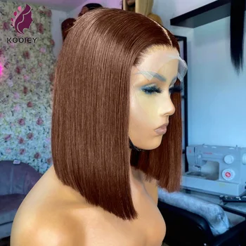 Düz Kısa Bob Peruk Brezilyalı Kahverengi Dantel Ön İnsan Saç Peruk 4x4 Dantel Kapatma Peruk Preplucked Remy Saç Density150 Kadınlar Için