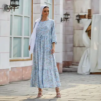 Eid Abayas Kadınlar için Dubai Abaya Türkiye Müslüman Başörtüsü Elbise Yaz Maxi Baskılı Elbiseler İslam Giyim Kaftan Robe Musulmans