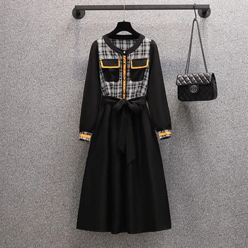 Ekose Dikiş Uzun Kollu Artı Büyük Boy Kore Moda Kawaii Kadın Zarif Elbiseler Sonbahar 2021 Giyim Sukienka