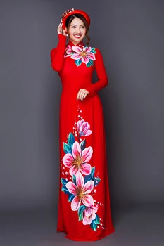 El-boyalı şakayık aodai vietnam giyim cheongsam aodai vietnam elbise vietnamca geleneksel elbise uzun kollu cheongsam