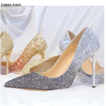 EMMA KRAL Degrade Rampa Bling Kristal Yüksek Topuklu Kadın Seksi Pompaları Sivri Burun Sığ Mix-Renk Düğün Slip-On Bayanlar Ayakkabı