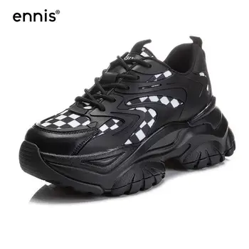 ENNİS Tıknaz Sneakers Kadın Düz platform ayakkabılar Rahat Beyaz Siyah Vulkanize Ayakkabı Tasarımcısı Dama Tahtası Ayakkabı Spor Marka E207