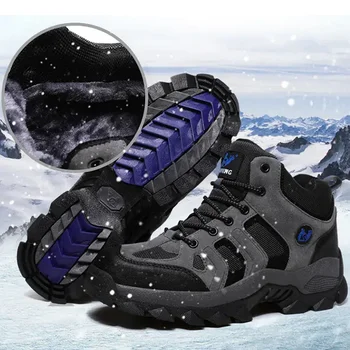 Erkek Off-road Yürüyüş Kar Botları Yüksek Kaliteli Deri Su Geçirmez Sneakers Açık Erkekler Kış Sıcak Peluş Rahat Siyah Çizmeler Iş