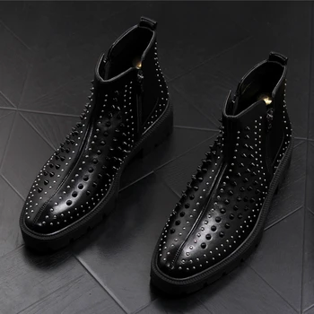Erkekler lüks moda punk gece kulübü elbise siyah chelsea çizmeler ınek deri perçinler ayakkabı platformu bileğe kadar bot zapatos de hombre botas