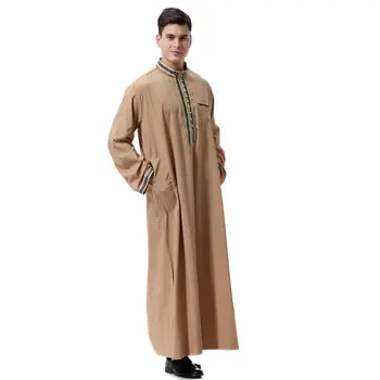 Erkekler Müslüman Elbise Düz Renk Jubba Thobe Uzun Kollu Standı Yaka Elbiseler Dubai Orta Doğu Erkekler İslam Arapça Kaftan Ramazan