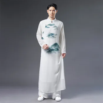 Erkekler Çin Geleneksel Tarzı Tang Takım Uzun Elbiseler Hanfu oryantal Kostüm Retro manzara baskı Qipao Elbisesi