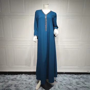 Etnik Kadınlar Vintage Uzun Elbise V Yaka Rhinestone Uzun Kollu Robe Elbise Müslüman İslam Arapça Abaya Ramazan Orta Doğu Dubai