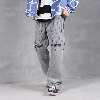 Eukaaru Sokak Baskı Düz Kot Hip Hop Şalvar Kot Erkekler Yeni Yıkanmış Pantolon Eğilim Streetwear Boy Denim Kot Pantolon