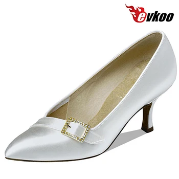 Evkoodance Beyaz Saten Modern Dans Ayakkabıları Conveniente Tembel Kadın Ayakkabı Kayış Olmadan 7.3 Cm Topuk Evkoo-086