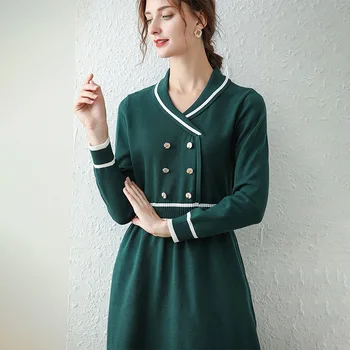 Fransız Tarzı Uzun Kollu Elbiseler Kadın Düğme Örme V Yaka A-line Elastik Elbise Siyah Yeşil Kırmızı Sonbahar Zarif Midi Elbiseler