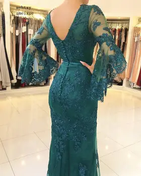 Gümüş Seksi Abiye 2020 Mermaid V Yaka 3/4 Kollu Dantel Boncuklu İslam Dubai Suudi Arapça Uzun Zarif gece elbisesi