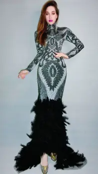 Gümüş Taşlar Spandex Siyah Tüy Tren Elbise Balo Kadın Şarkıcı Dans Kıyafeti Doğum Günü Kutlamak Akşam Uzun Elbise