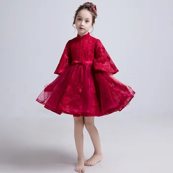 Güzel Çiçek Kız romantik elbise Yeni Kırmızı Dantel Çiçek Kız Elbise Düğün Parti için çocuk Prenses Doğum Günü Resmi Elbiseler