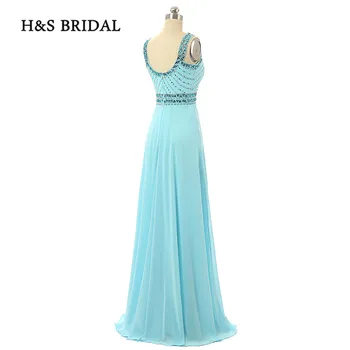 H & S Gelın Yaz Şifon Rhinestone Boncuklu Akşam Parti Elbiseler Yüksek Kalite Jewel Boyun Kızlar Balo Abiye giyim