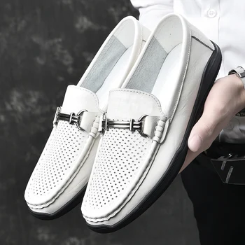 Hakiki deri erkek ayakkabısı Rahat Lüks Marka Beyaz Erkek loafer'lar Moccasins Nefes Kayma Yüksek Kaliteli Erkek sürüş ayakkabısı