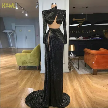 İki Adet Siyah Sequins Abiye Yan Bölünmüş Yüksek Boyun Uzun Kollu Balo Elbise Mermaid Custom Made Lüks Robe De Soiree