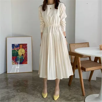 İlkbahar Ve Sonbahar Moda Japonya Ve Güney Kore Retro Fransız İpli Bel Puf Kollu Pilili Retro Uzun Kollu Elbise