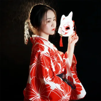 Japon Geleneksel Kimono Kadın Harajuku Yukata Kırmızı Çiçek Kimono Hırka Retro Geyşa Sahne Performansı Giyim