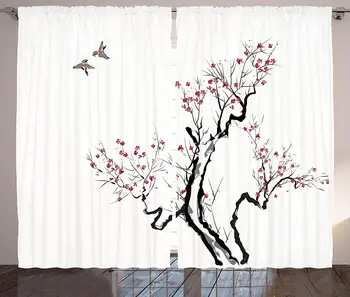 Japon Karartma Perdeleri Klasik Asya Boyama Tarzı Sanat Çiçek Dalları Çiçeği ve Uçan Kuşlar Desen Pencere Perde