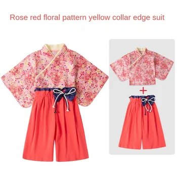Japon Moda 2-8 Yaşında Bebek Kız Uzun kollu Kimono Takım Elbise Dans Performansı Japon Kimono Üst İki parçalı Pantolon