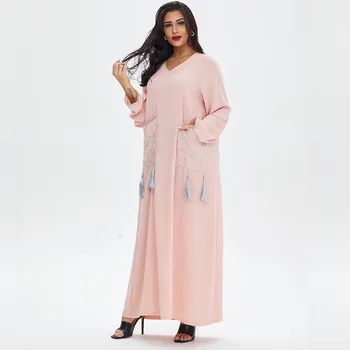 JTVOVO 2022 Yeni M-2XL Müslüman kadın Düz Renk Cep Püskül Abaya İslam Suudi Arabistan Dubai Gevşek Kadın Elbise Afrika Elbise
