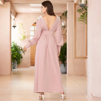 Kadın Backless Elbise Zarif Ziyafet Yüksek Bel Elbise Aplikler Dekorasyon Latern Uzun Kollu Maxi Elbiseler Kadın