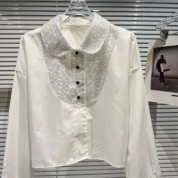 Kadın Beyaz Uzun Kollu Düğme Up Gömlek 2022 Bahar Yeni Rhinestone Parlak Casual Bluzlar Kadın Polo Yaka Gevşek Gömlek Üst