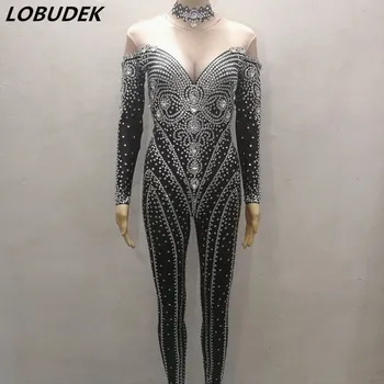Kadın Gece Kulübü Giyim Seksi Leotard Rhinestones Tulum Sparkly Kristaller Bodysuit Bar Şarkıcısı Kostüm Partisi Performans Giyer
