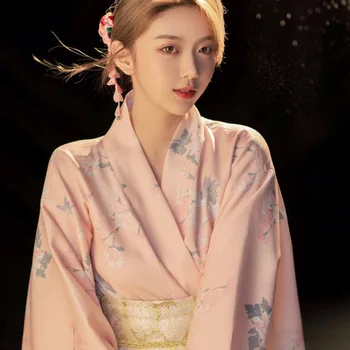 Kadın Geleneksel Yukata Kimono Ile Obi Uzun Kollu Çiçek Sasanqua Baskı Fotoğraf Performans Elbise Cosplay Kostüm