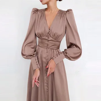 Kadın İlkbahar ve Sonbahar Saten Elbise Lartern Kollu V Boyun Zarif Akşam Parti Uzun Gelinlik Modelleri 2021 Yeni