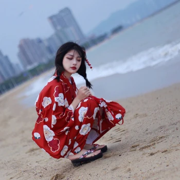 Kadın Kimono Elbise Geleneksel Japonya Yukata Kırmızı Renk çiçekler Baskılar yaz elbisesi Performans Giyim Cosplay Giyim