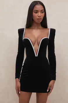 Kadın Kış Moda Seksi Uzun Kollu Backless Diamonds Siyah Mini Bandaj Elbise 2021 Zarif Akşam Parti Elbise Vestidos