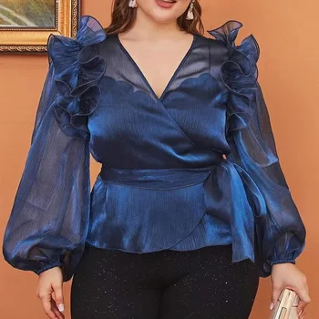 Kadın Moda Mavi Bluz Uzun Kollu Boy Dantel Patchwork Puf Kollu Kazak Rahat OL Banliyö Bahar Güz Bayanlar Tops