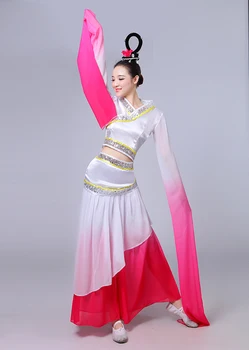 Klasik Çin halk dans kostümü Kadın Yangko Dans Elbise Uzun Su Kollu Dansçı Giyim Hanfu Sahne Elbiseler
