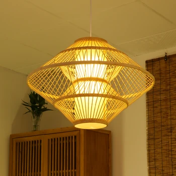Kolye lamba bambu fener Çalışma el örme kolye ışık asılı lamba Antika basit çalışma sarkıt aydınlatma Armatür G071