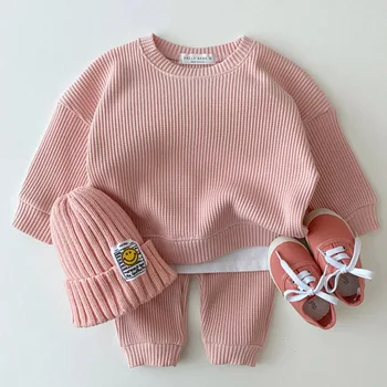 Kore Bebek Pamuk Kintting Giyim Setleri Çocuk Erkek Kız Bahar Sonbahar Gevşek Eşofman Kazaklar Tops + Pantolon 2 ADET Setleri Giysileri