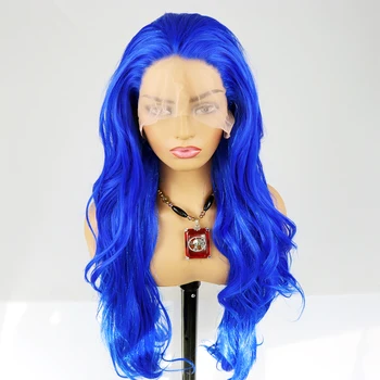 Koyu Mavi Sentetik Günlük Lolita Cosplay Peruk Sparkle Pırıltılı Uzun Saç Vücut Dalga Peruk T Parçası Dantel ön peruk Siyah Kadınlar Için