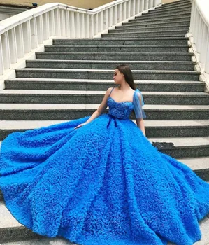 Kraliyet Mavi Fas Abiye A-line Spagetti Askı Tül Aplikler Uzun Lüks Türkiye Dubai Suudi Arabistan Balo Elbise Kıyafeti