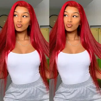 KUĞU T Dantel ön peruk düz insan saçı peruk Kırmızı Uzun Düz Peruk Brezilyalı Saç Peruk Siyah Kadın Için Doğal Saç Çizgisi
