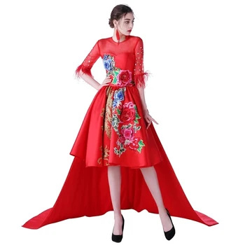 Kırmızı Nakış Qipao Çince Geleneksel Gelinlik Vintage Cheongsam Uzun Seksi Akşam Dresse Robe Chinoise Oryantal Gümrük