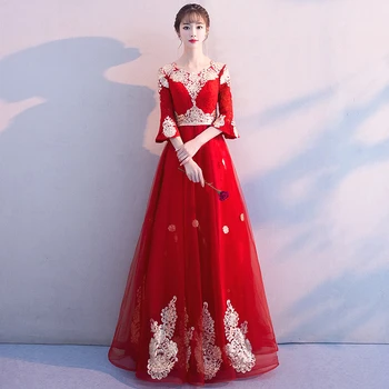 Kırmızı Nakış Çin Gelinlik Gelin Qipao Parti Elbiseler Uzun Kız Cheongsam Oryantal Tarzı Akşam Elbise Robe Chinoise